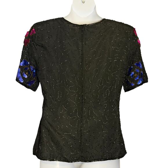 Vintage 80s Stenay Silk Beaded Sequin Top Sz L Floral Black Evening Party Retro - Picture 4 of 10